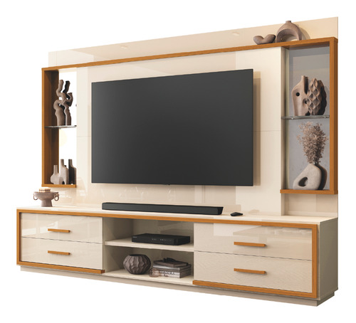 Estante Home Theater Com Espelho E Vidro Tv 75 Polegadas Edn Cor Off White/madeirado