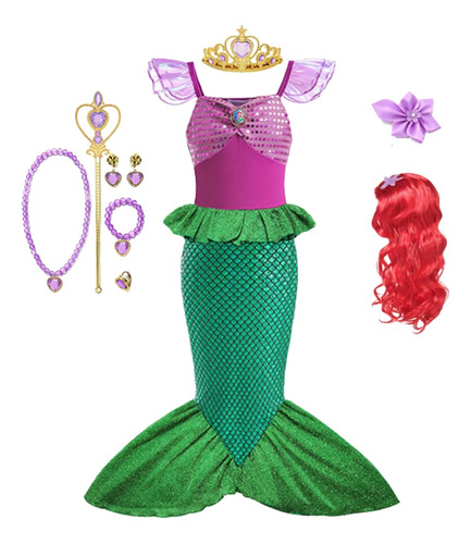 Vestido De Princesa Sirena Ariel Para Niña Con Peluca