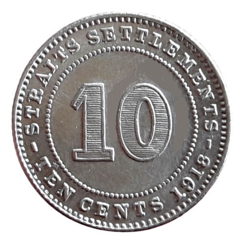 Straits Settlements Moneda De Plata De 10 Cents Año 1918 Exc