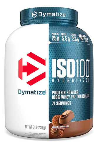 Suplemento de proteína em pó Dymatize Iso-100 Gourmet com sabor de chocolate em uma panela de 2,26 kg