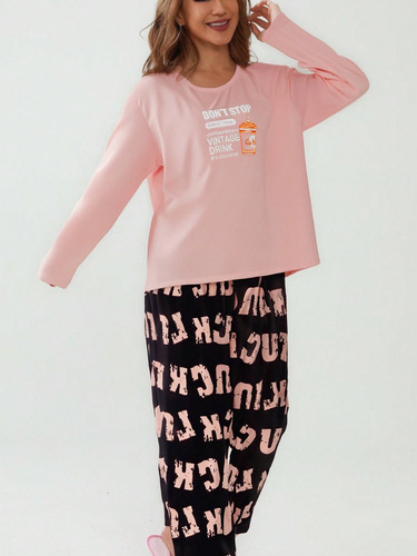 2pzs Conjunto De Pijama Casual Manga Larga Estampado Mujer