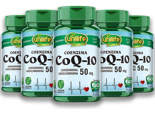 Kit 5 Coenzima Coq-10 - 50 Mg Unilife 60 Capsulas Veganas. Sabor Sem sabor