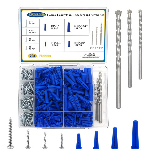 Kit Anclajes Hormigón Y Ladrillo, 228 Unidades, Azul