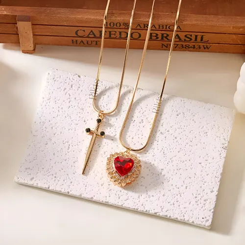 Set X2 Collar Corazon Espada Cadena Color Oro Novios Pareja