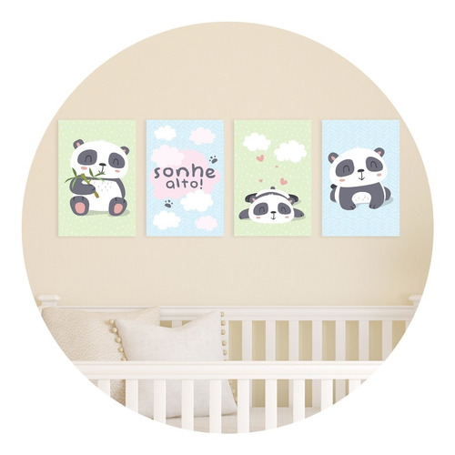 Placas Decorativas Animais Pandas 30x40cm Kit 4un