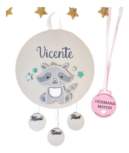 Cartel De Bienvenida Bebé Y Medalla Hermana Mayor Personalizado