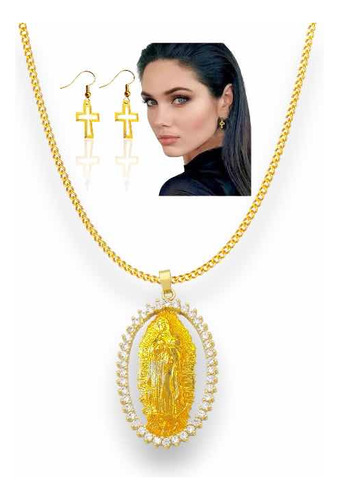Collar Virgen De Guadalupe Oro Lam 18k Con Arracadas
