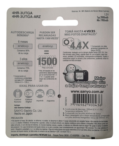 Pilas Recargables Sanyo Eneloop 2000 Mah Pack X 4