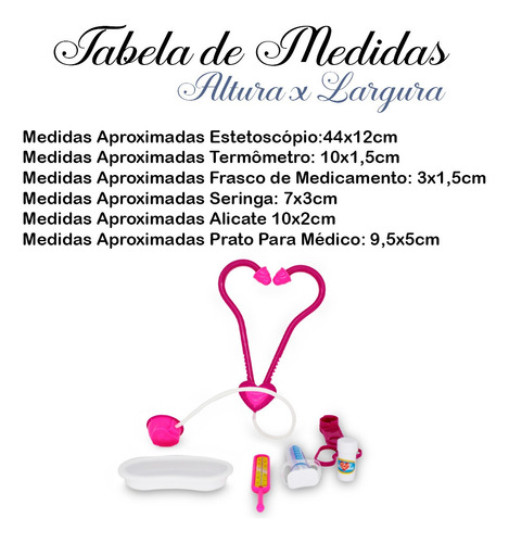 Imagem 3 de 7 de Brinquedo Kit Medico Rosa 6p Estetoscópio Termômetro Alicate