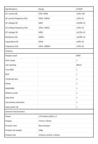 Uni-t Ut202f - Tester De Pinza Digital (ac/dc 600v, Rms)
