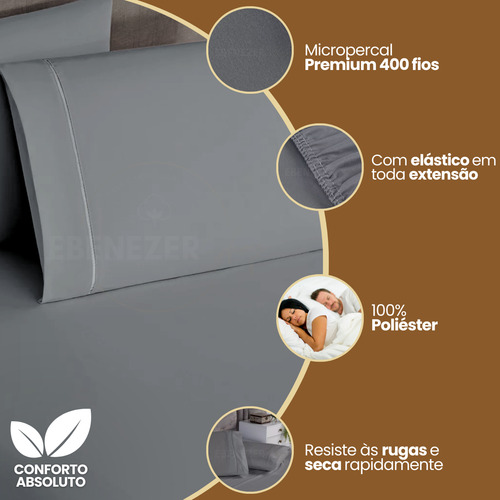 Lençol Queen Padrão C/ Elástico 3 Peças 400 Fios Percal Fronha Ponto Palito Toque Macio Premium Cor Cinza