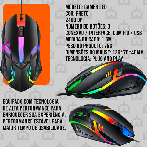 Kit Mobilador Mageon Gamer Preto Com Teclado Semi Mecânico Rgb + Mouse Dpi Ajustável Led Rgb + Mouse Pad Estampado Tecido Speed