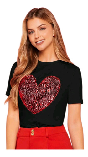 Tshirt Shein Negra Con Corazón De Lentejuelas 