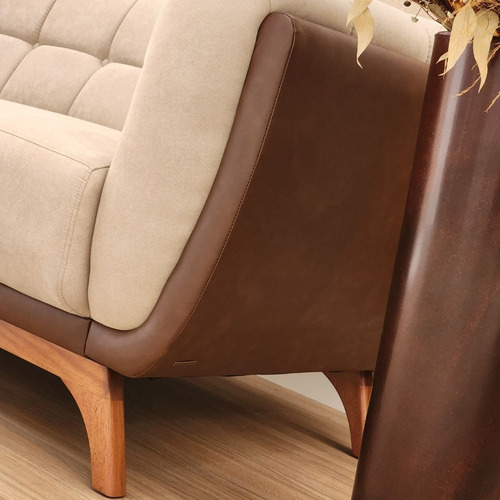 Sofá 3 Lug Peonia Living Acquablock E Corino Base Madeira Cor Bege Desenho Do Tecido Liso