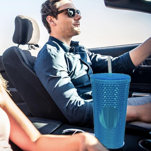 Vaso Tachuelas Con Popote 710ml Color Azul Transparente