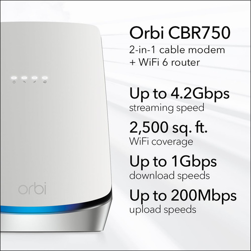 Netgear Orbi Wifi 6 Router Con Módem De Cable Integrado Docsis 3.1 (cbr750) Enrutador De Módem De Cable | Cubre Hasta 2.500 Pies Cuadrados. 40+ Dispositivos | Ax4200 (hasta 4.2 Gbps)