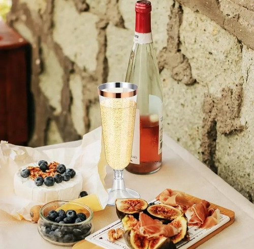 6 Copas De Plástico Reutilizables Para Champagne Filo Dorado