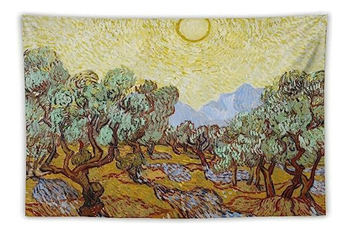 Tapiz Artístico De Olivos De Van Gogh Con Cielo Amarillo Y S