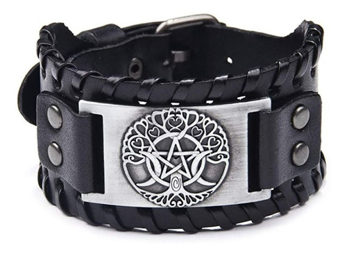 Pulsera Cuero Vikinga Amuleto Nordico Negro Hombre Mujer