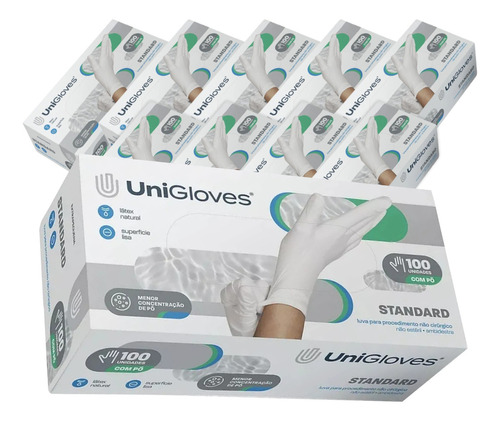 Kit 10 Luva Descartável Látex C/ Pó 1000 Unidades Unigloves Cor Branco Tamanho P