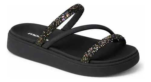 Sandalia preta Moleca com tiras de strass vista de perfil