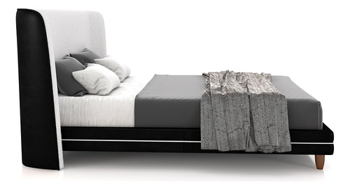 Cama Com Cabeceira Casal Pés Madeira Pu/bouclê Preto/offw