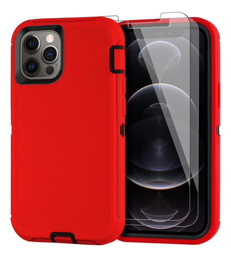 Funda Para iPhone 12 Pro Max Rojo Negro 6.7 PuLG Uso Rudo