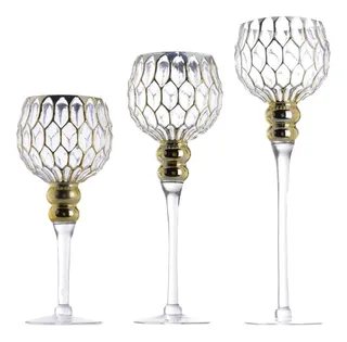 Juego De 3 Copas Porta Velas Dorado Base Transparente