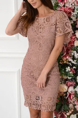 Vestido Corto Rosa Nude Encaje Manga Ancha