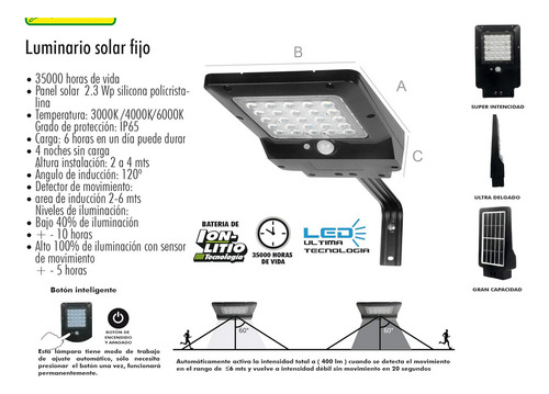 Lampara De Pared Exterior Led Solar Luminario 400 Lumenes Incluye Soporte Y Tornillería Panel 2.3 Wp Silicona Policristalina Ip65 Sensor De Movimiento 35000 Horas