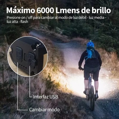 Luz bicicleta HYsmart 6000 recargable accesorios con luz trasera luz para bicicleta impermeable 6 Led, lampara bicicleta luces de bicicleta superbrillantes para conduccion nocturna con 5 modos