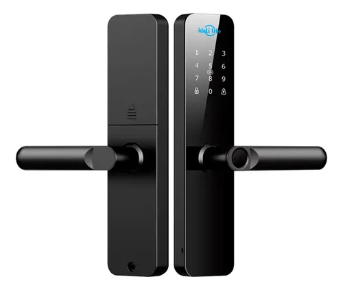 Fechadura de porta digital preta com senha e biometria