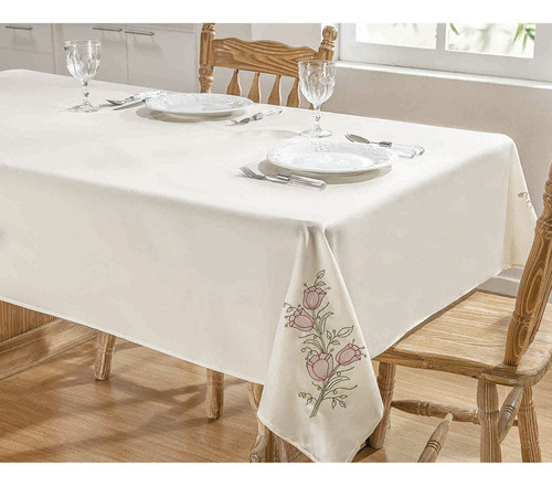 Toalha De Mesa Bordada 2,50m X 1,40m Primavera Palha E Pink