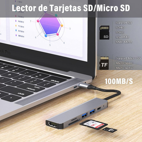 Hub Adaptador Usb-c 6 Em 1 (hdmi, 2x Usb 3.0, Tf, Sd, Usb-c)