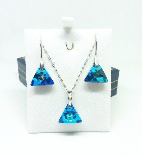 Colgantes Para Mujer Y Aros Cristal Swarovski Triángulo Azul