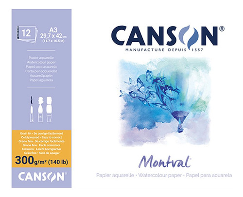 Block Canson Montval Acuarelas 300g 29.7x42 A3 12 Hojas Fino
