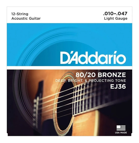 Encordado Daddario Ej36 80/20 010 047 G Acustica 12 Cuerdas