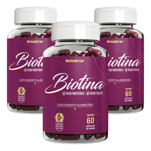 Kit 180 Cápsulas Biotina Vit B5 Ácido Fólico Cabelo Pele