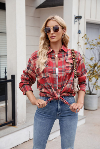 Blusa De Manga Larga Para Mujer Cuadros Moda Bolsillo Suelto