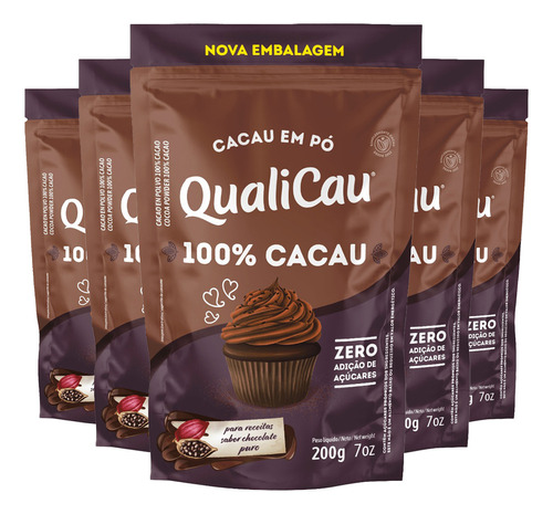 Kit 5 Cacau Em Pó Alcalino 100% Qualicoco 200g.