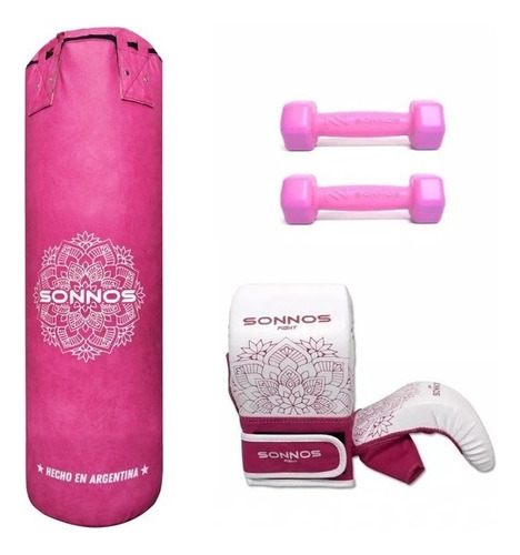 Kit Bolsa Lady 90cm Par De Guantines Talle 1 Mancuernas 1kg Color Rosa Chicle