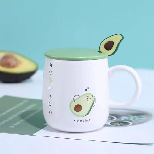 Set De Taza De Ceramica Con Tapa Y Cucharita De Palta 420ml