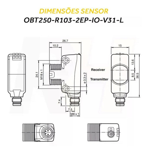 Sensor Fotoelétrico Difuso - Obt250-r103-2ep-io-v31-l