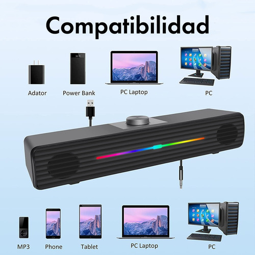 Imagen 8 de 8 de Barra Sonido Luz Rgb 3w Notebook Pc Altavoz Subwoofer Plug