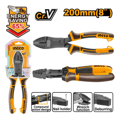 Pinza Alicate Universal 8 Cr-v Ingco Acción Compuesta Indus