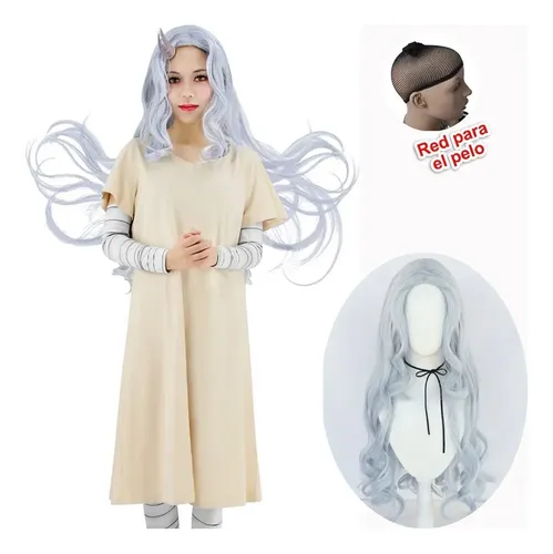 Eri Cosplay Peluca Con Cuernos De Buey Y Accesorios – 5 Piezas De Peluca Gris-Azul Con Rizos, Incluye Ropa Y 2 Rollos De Vendas, Disfraz De Halloween Y Anime