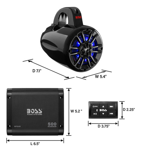 Boss Audio Uni4rgb Atv Utv Estéreo 4 Ipx5 Altavoces Marinos (x4) + Amplificador Bluetooth 4 Canales Resistente A La Intemperie
