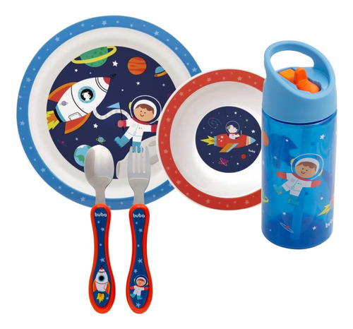 Kit Prato Bowl Talheres E Garrafa Aventuras Astronauta Buba