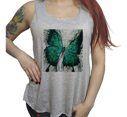 Musculosa Dama Animal Mariposa Verde Watercolor Lapiz