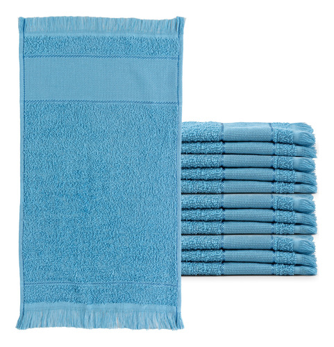 Kit Toalhas De Lavabo Social 100% Algodão Franja 23x39cm Azul Pacífico - 12 Unidades